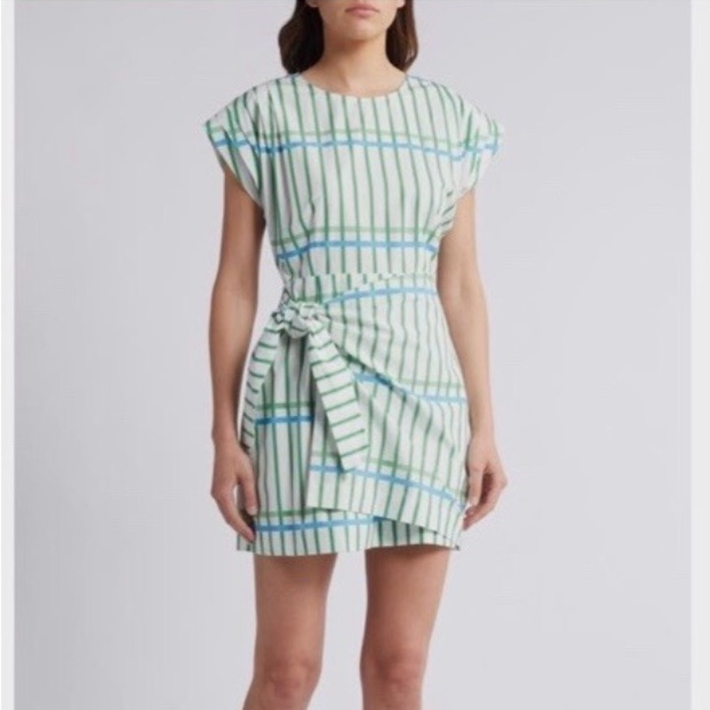 Striped Tie-Waist Mini Dress in Green and Blue